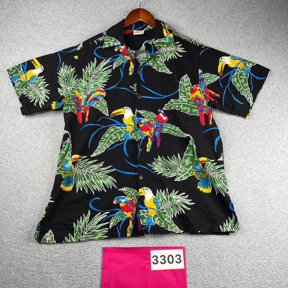 Go Barefoot Tropical Parrot Print Shirt Large Button Up Short Sleeve Mens USA
